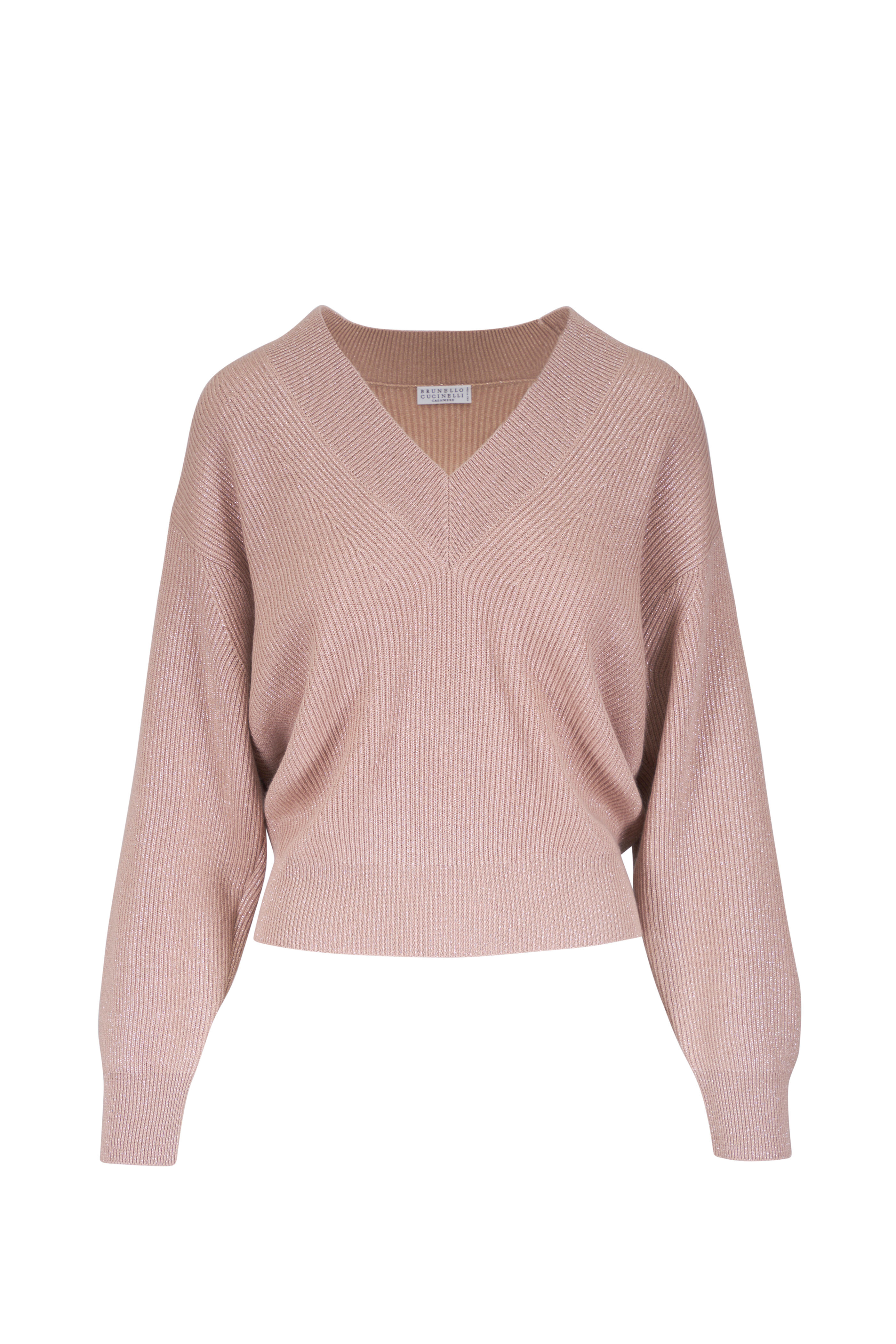 Brunello Cucinelli - Pink Sparkling Ribbed V-Neck Sweater