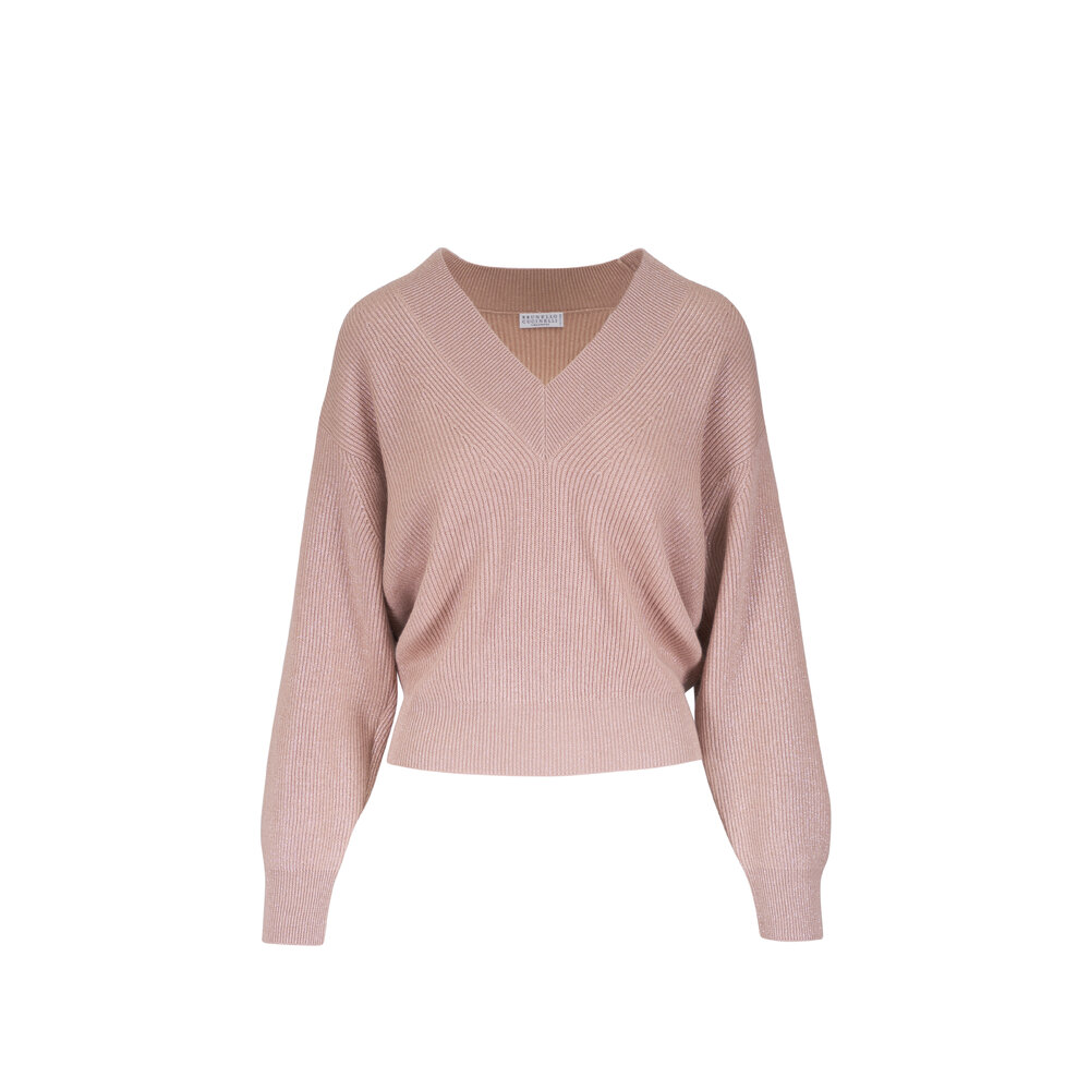 Brunello Cucinelli - Pink Sparkling Ribbed V-Neck Sweater