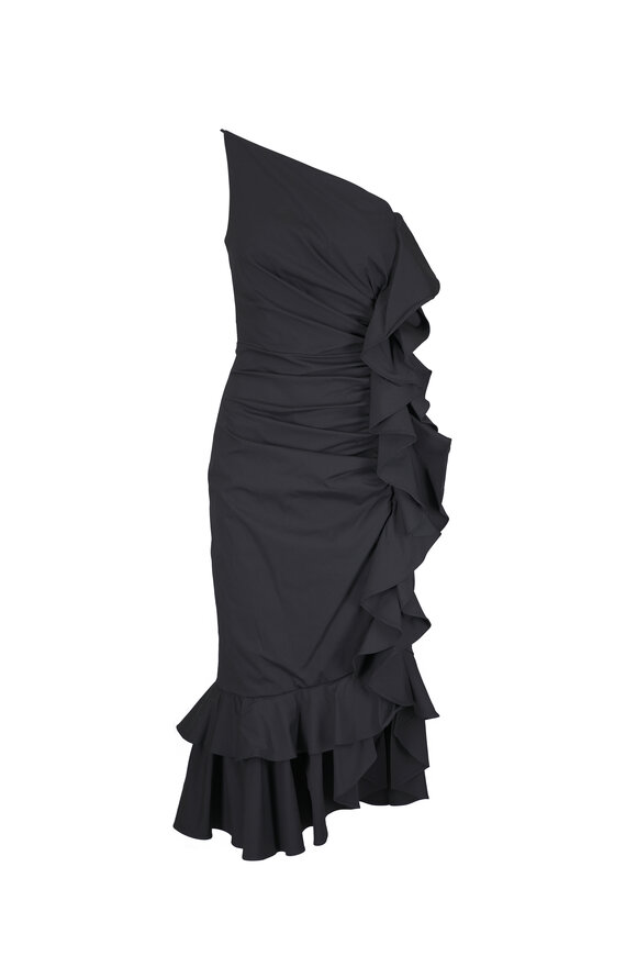 Carolina Herrera Asymmetric Black Ruffled Ruched Midi Dress