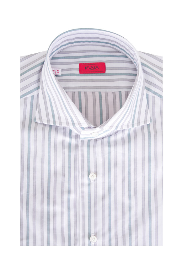 Isaia Gray, White & Teal Stripe Cotton Dress Shirt - view 1