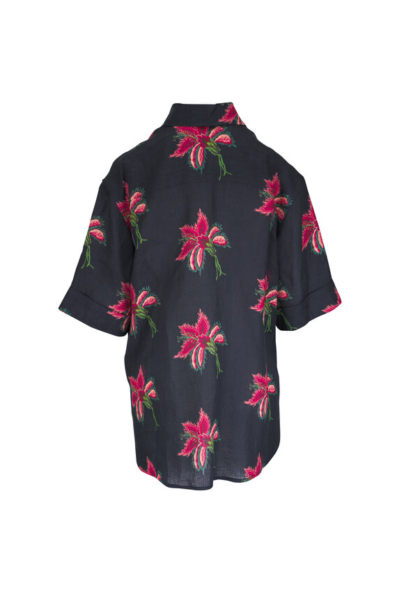 Valentino Black Floral Print Linen Button Up Shirt - view 3