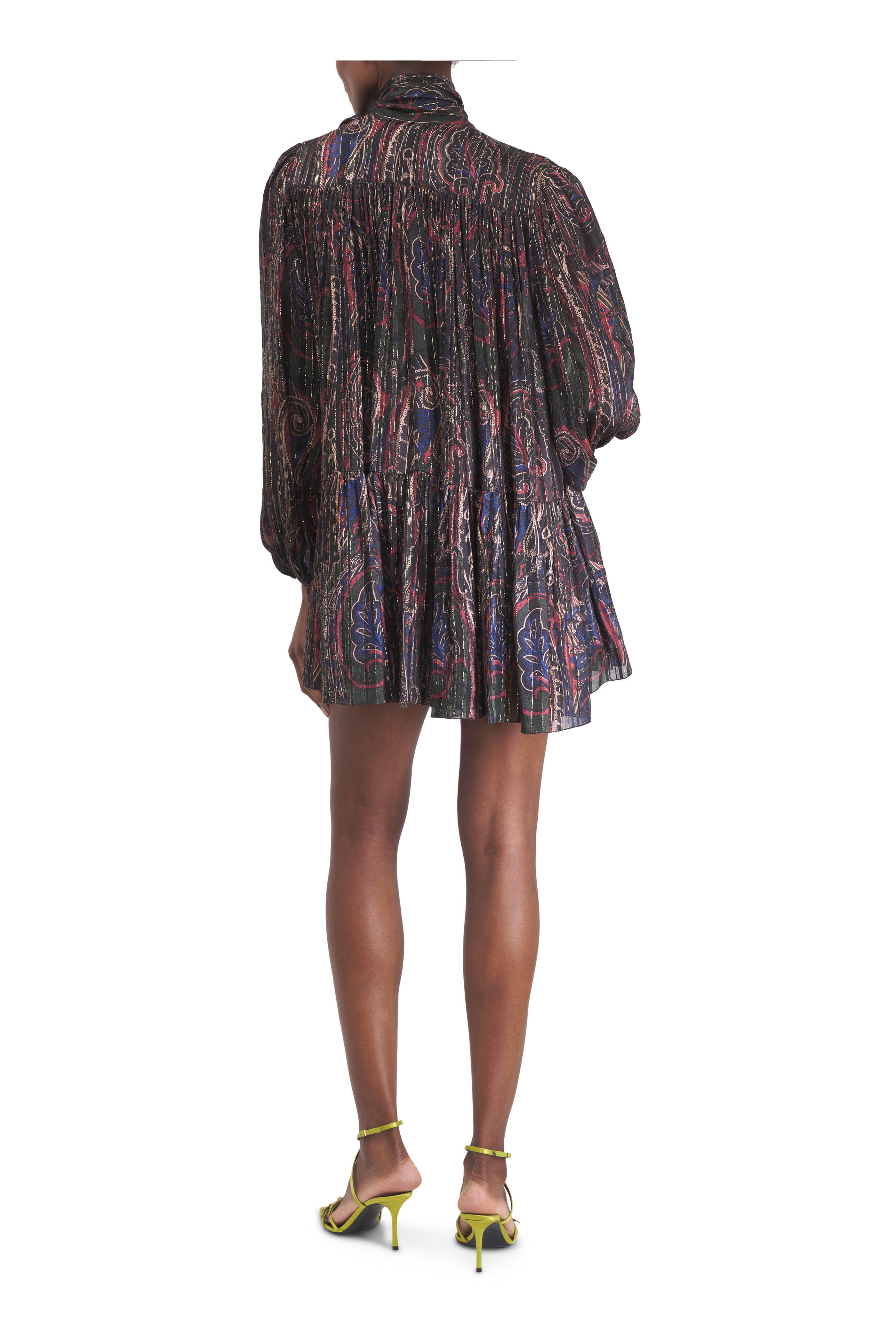 【関税&送料込】Saint Laurent Paisly Dress Black Pleated tiered paisley-print metallic silk-blend