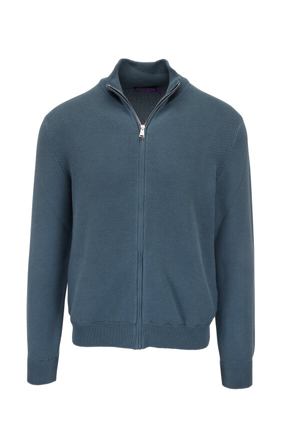 Ralph Lauren Purple Label - Isla Blue Mélange Silk & Cotton Full-Zip Sweater