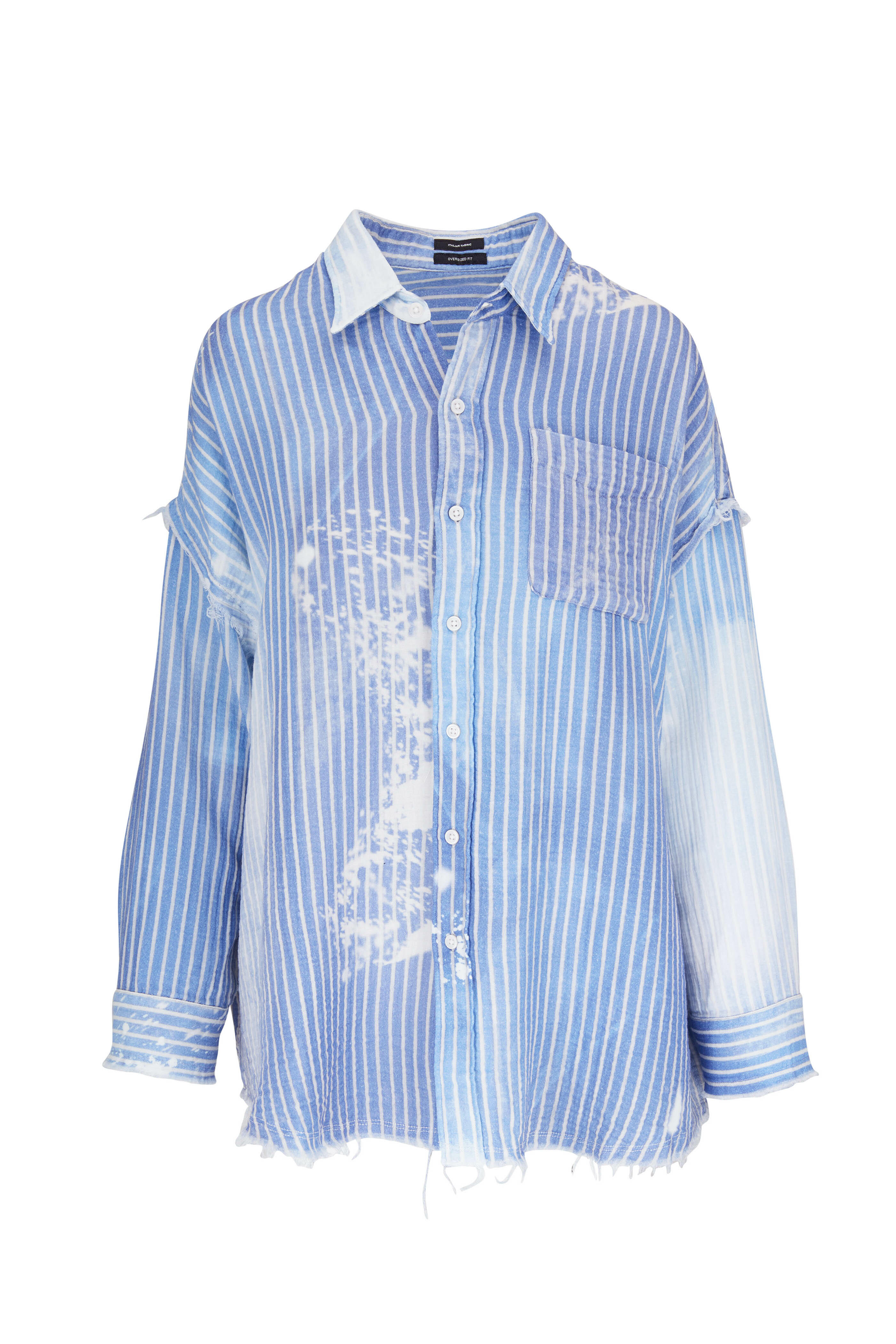 R13 Shredded Seam Bleach Blue Pinstriped Blouse