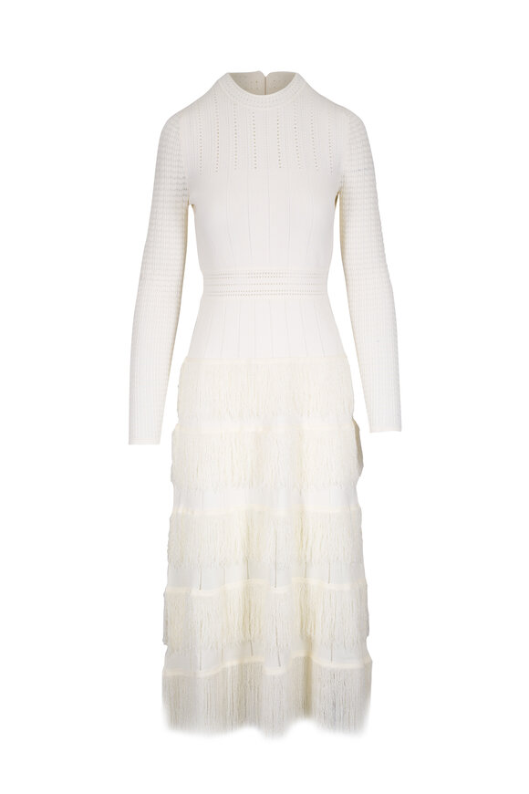 Lela Rose Piper Ivory Fringe Knit Dress