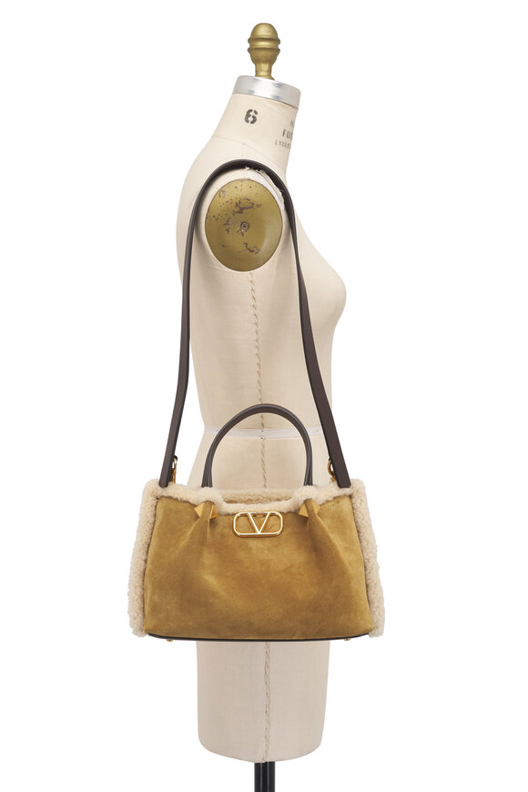 Valentino Garavani Small VLogo Genuine Shearling Trim Suede Tote - view 7