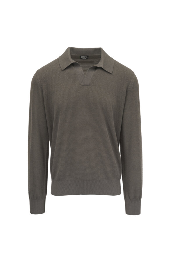 Zegna Dark Taupe Silk & Cashmere Johnny Collar Polo