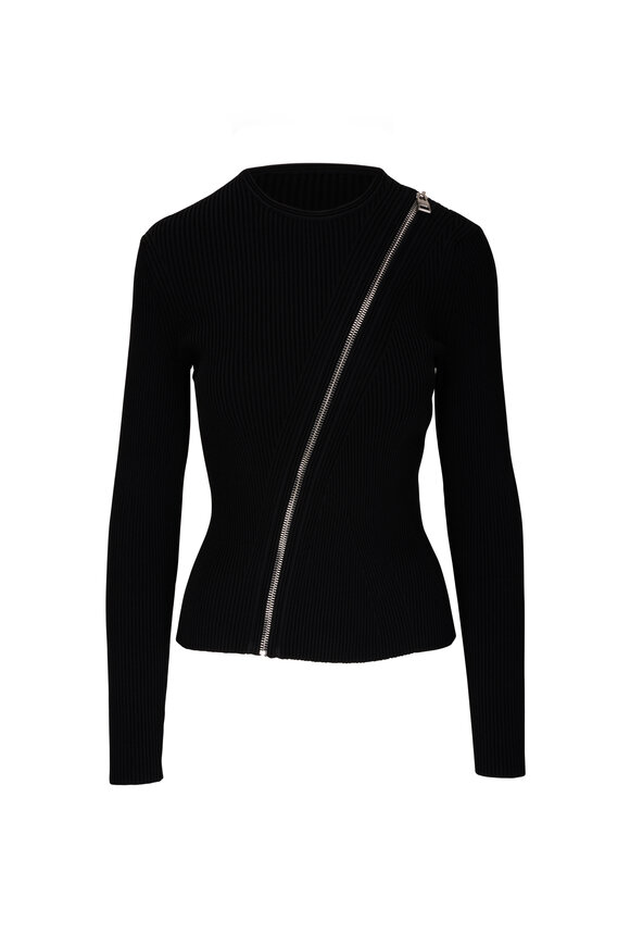 McQueen - Black & Silver Zip Slash Black Ribbed Knit Top