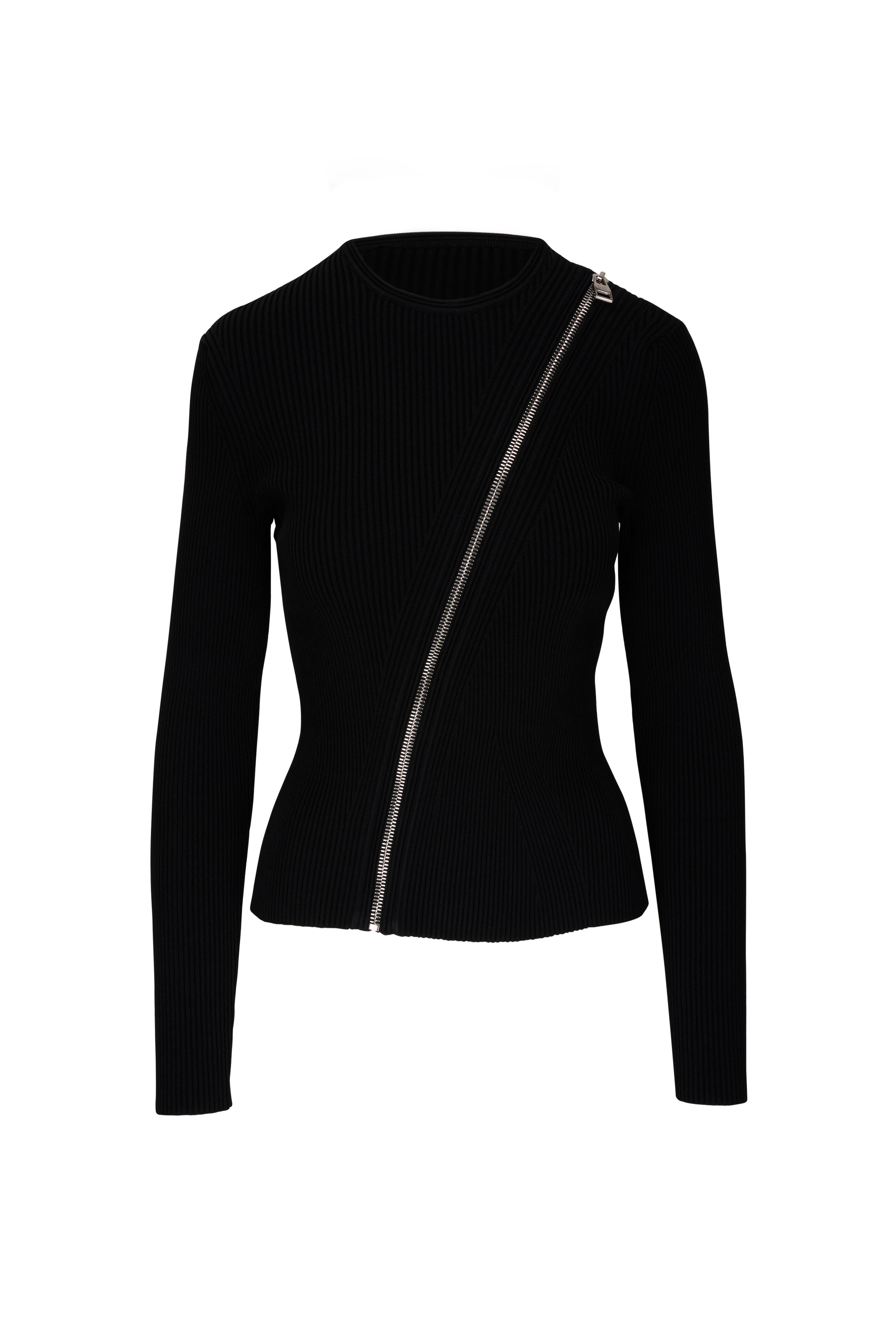 Alexander McQueen - Black & Silver Zip Slash Black Ribbed Knit Top