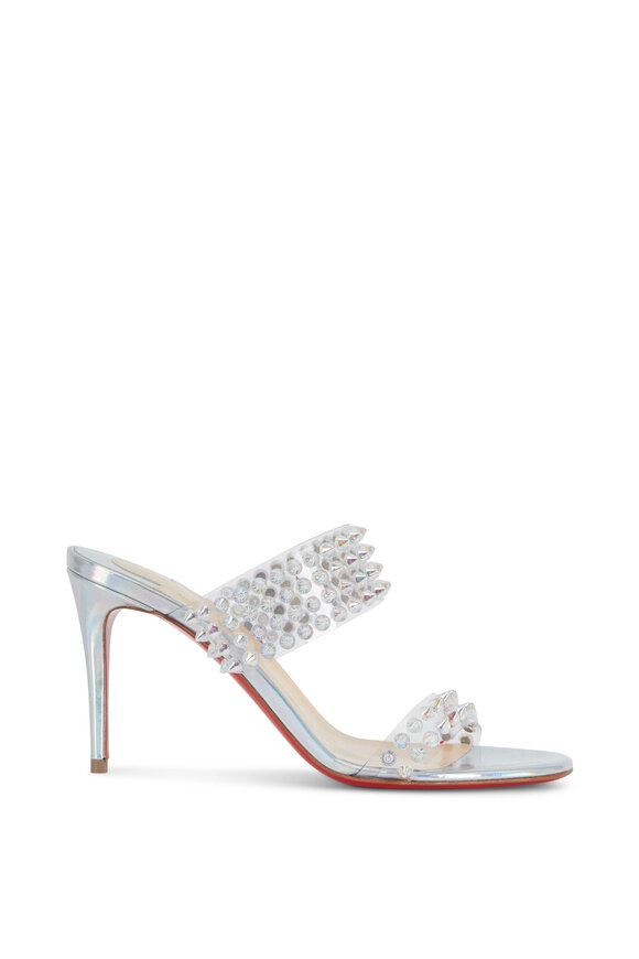 Christian Louboutin - Spikes Silver Leather & PVC Two-Band Mule, 85mm