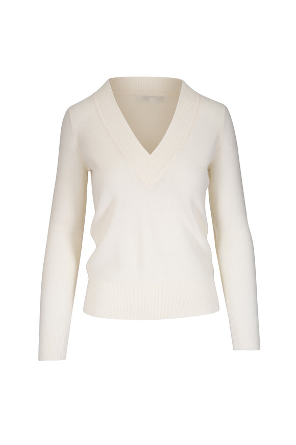 Veronica Beard - Coleta Ivory V-Neck Cashmere Sweater