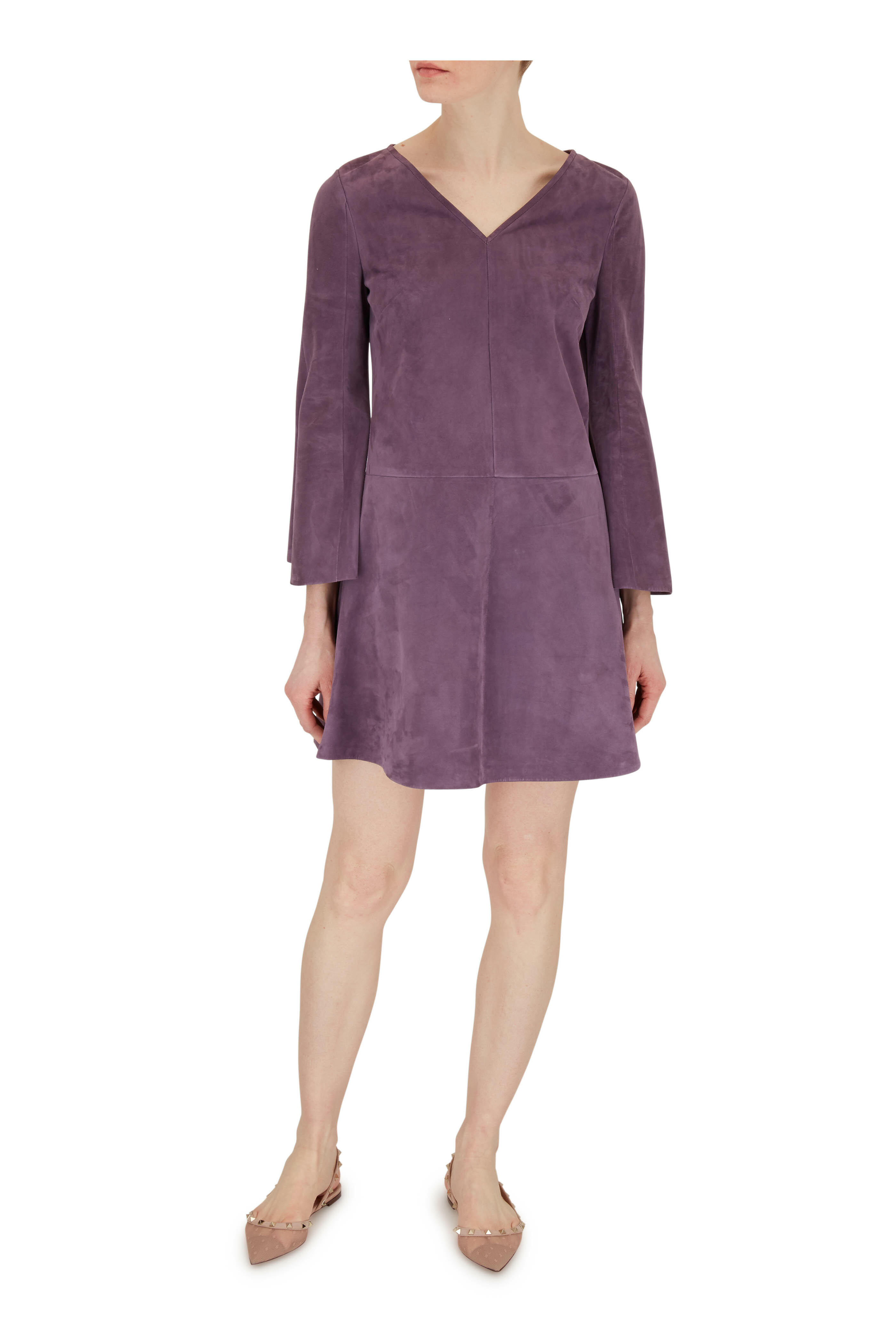 Valentino - Violet Suede V-Neck Bell Sleeve Dress
