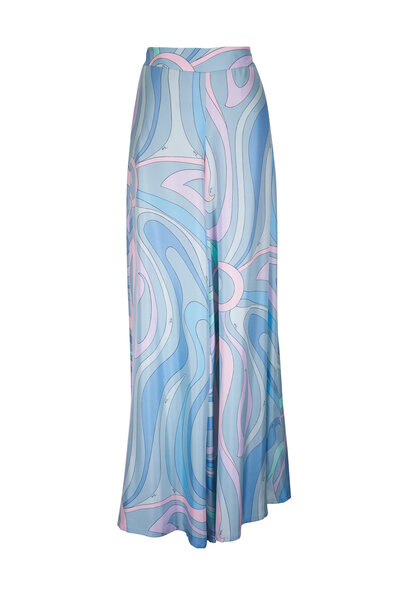 Lanvin - Blue & Green Rateau Print Wide Leg Silk Pant