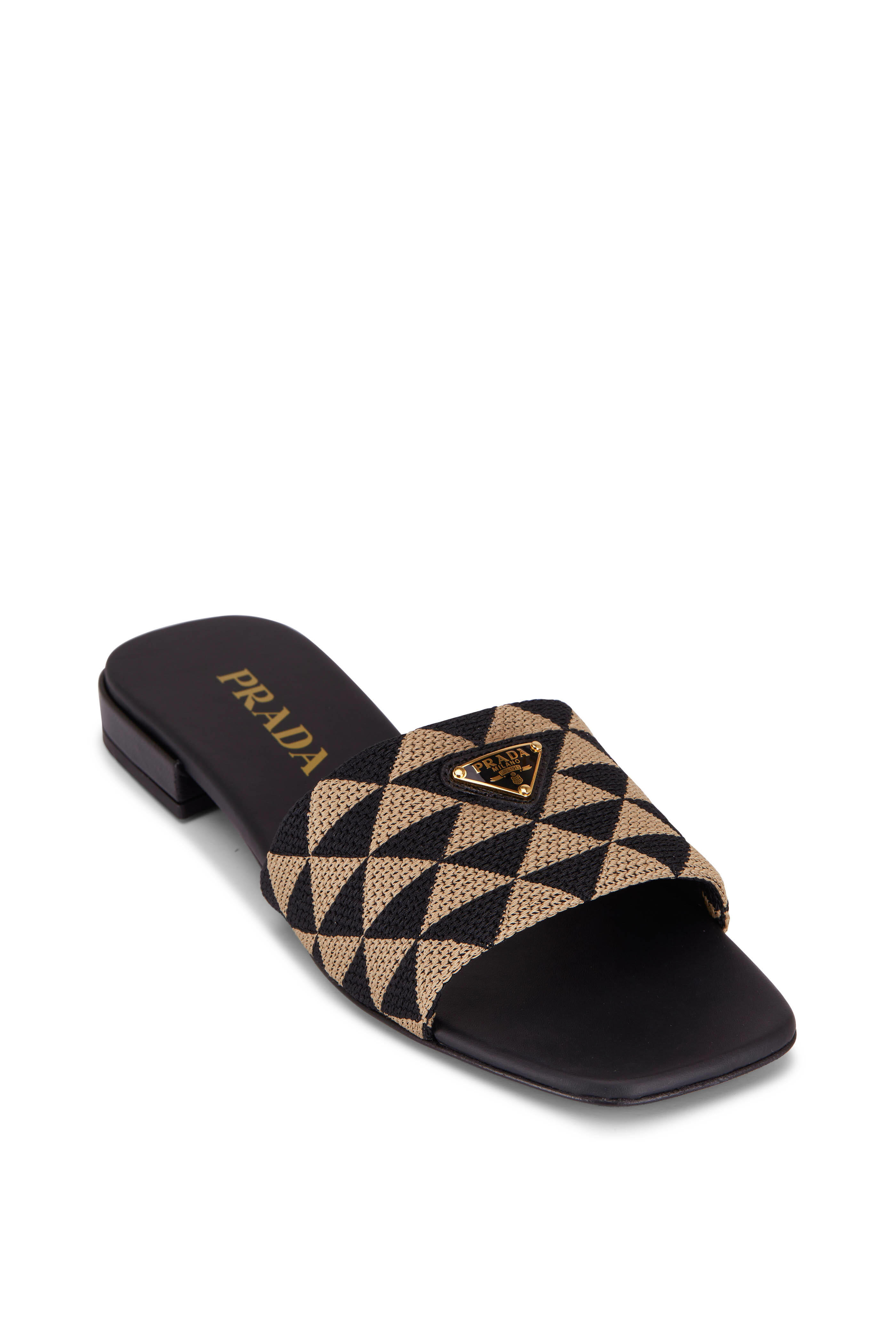 Prada - Black & Tan Triangle Jacquard Flat Sandal