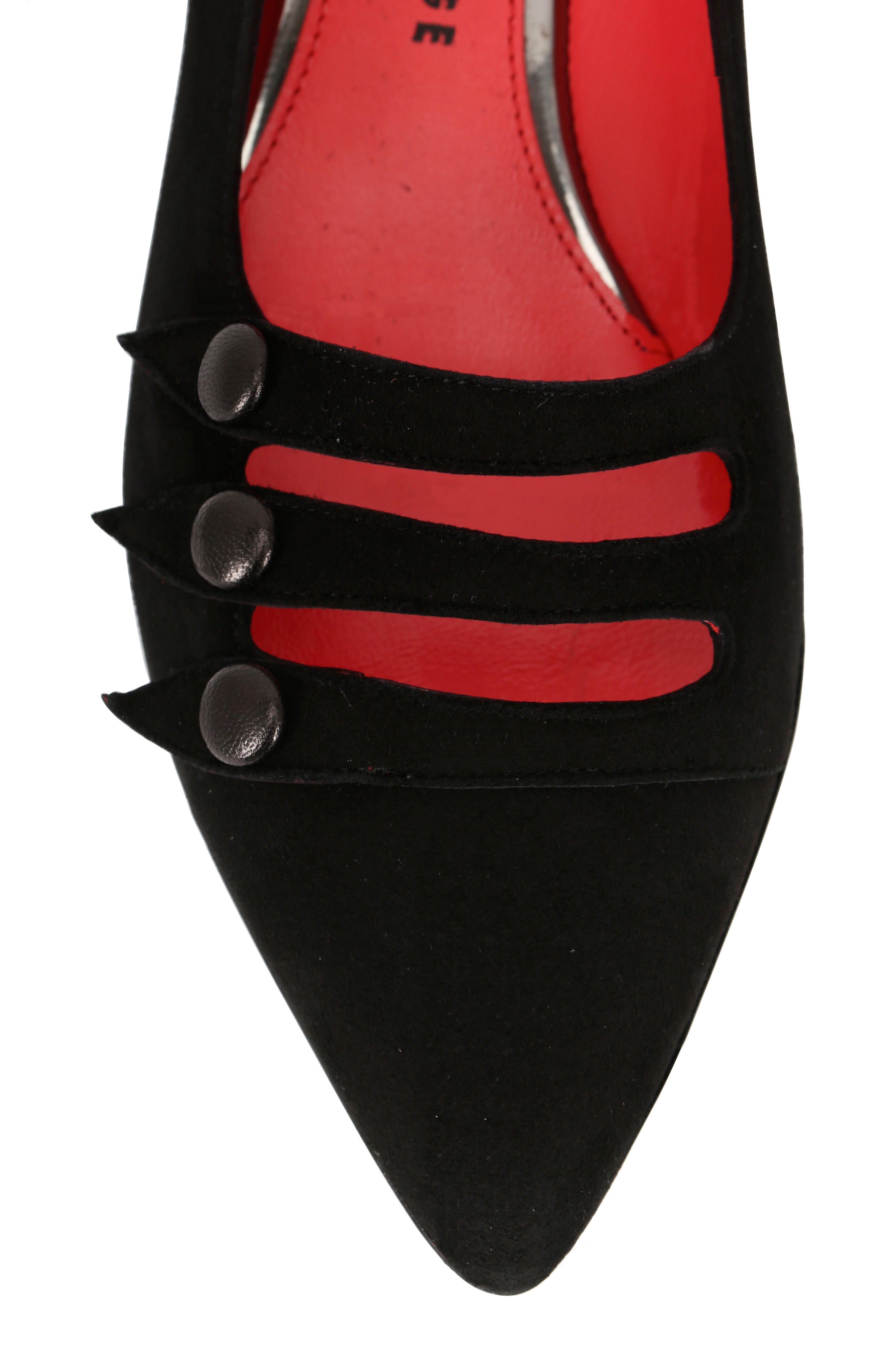 Pas de Rouge - Janet Black Suede Button Detail Low Pump