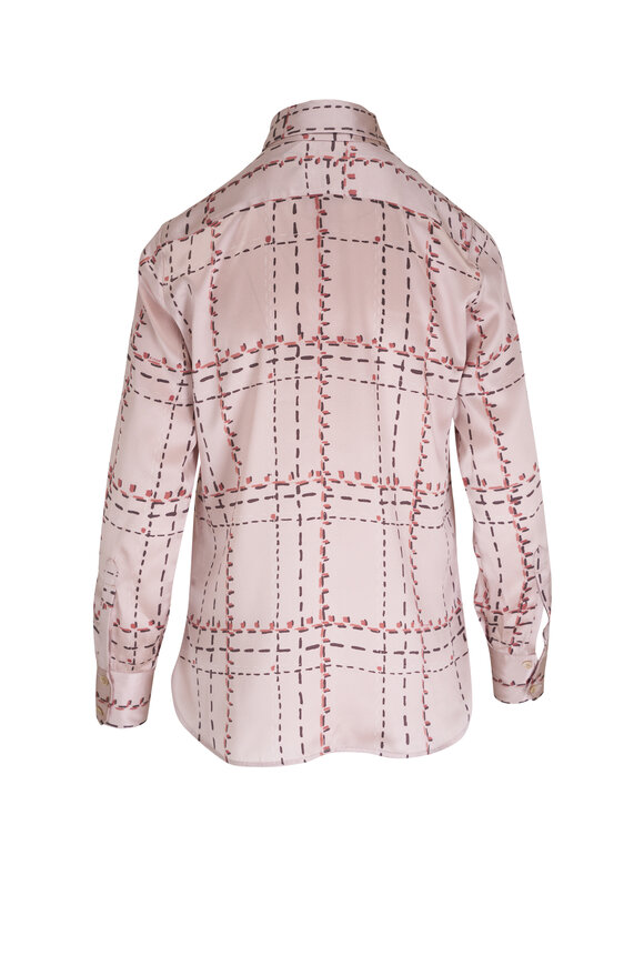 Kiton - Pale Pink Plaid Silk Tie Neck Blouse