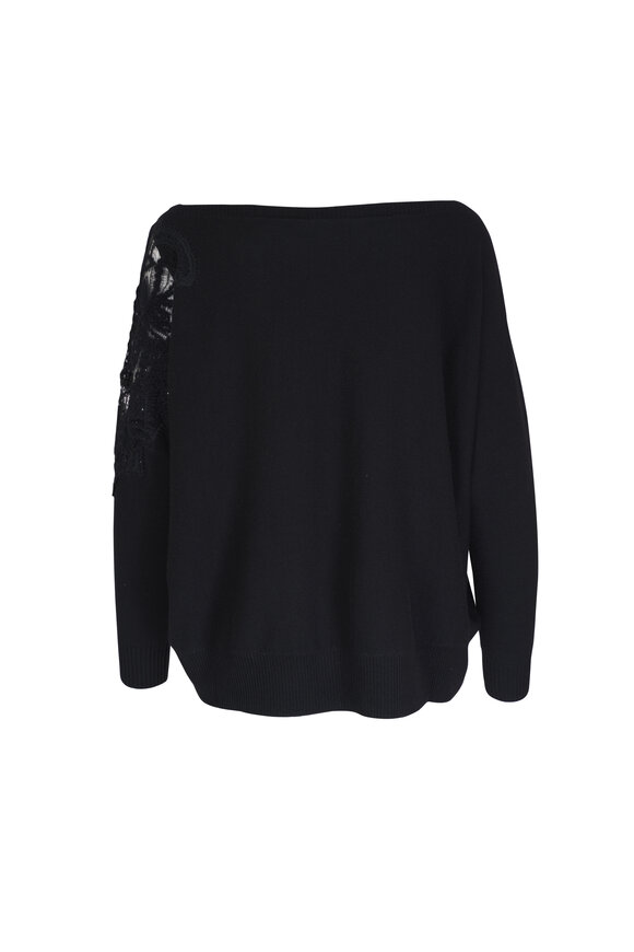 D.Exterior - Black Floral Embellished Boat Neck Sweater