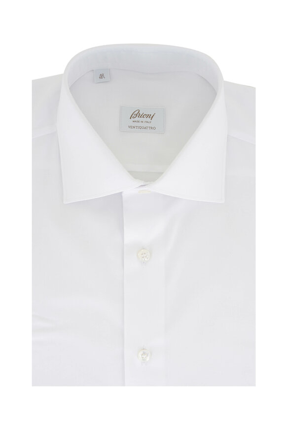 Brioni White Stretch Cotton Twill Dress Shirt 