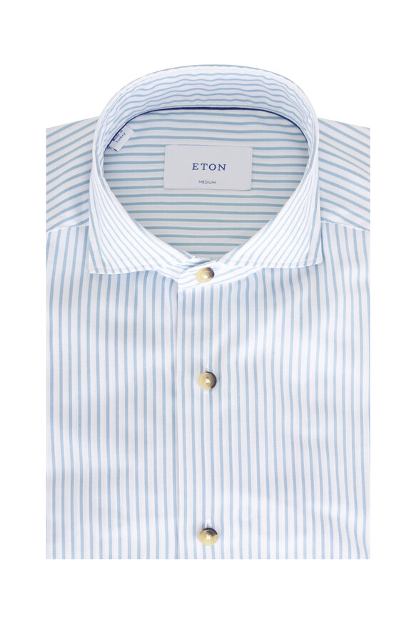 Eton Medium Blue & White Stripe Cotton Dress Shirt - view 1