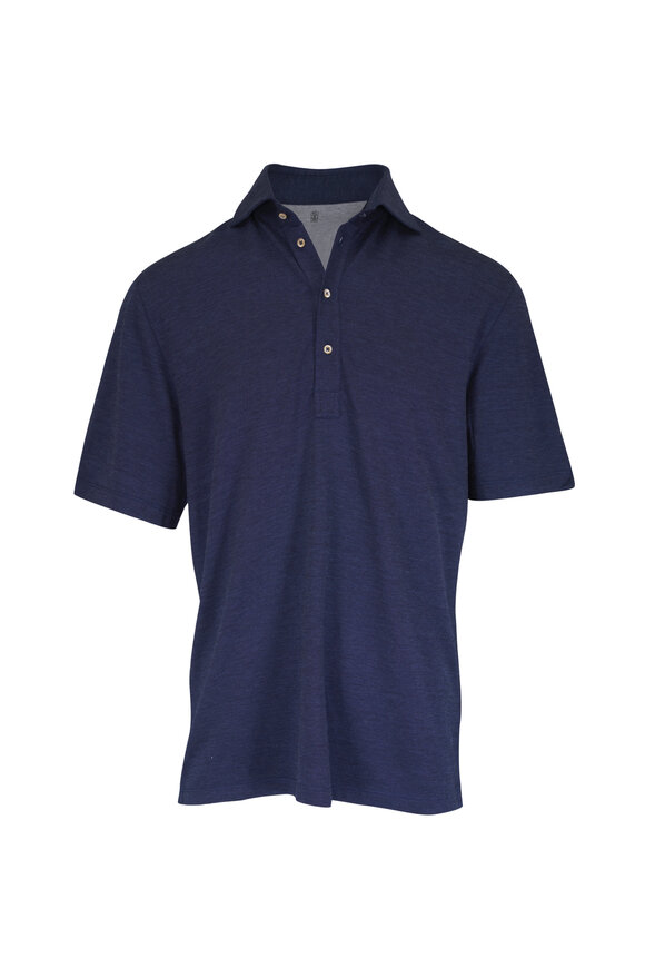 Brunello Cucinelli Blue Mélange Wool, Silk & Cotton Polo - view 1