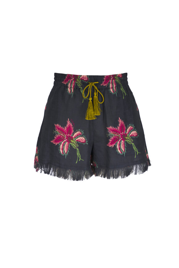Valentino Black & Floral Print Linen Shorts