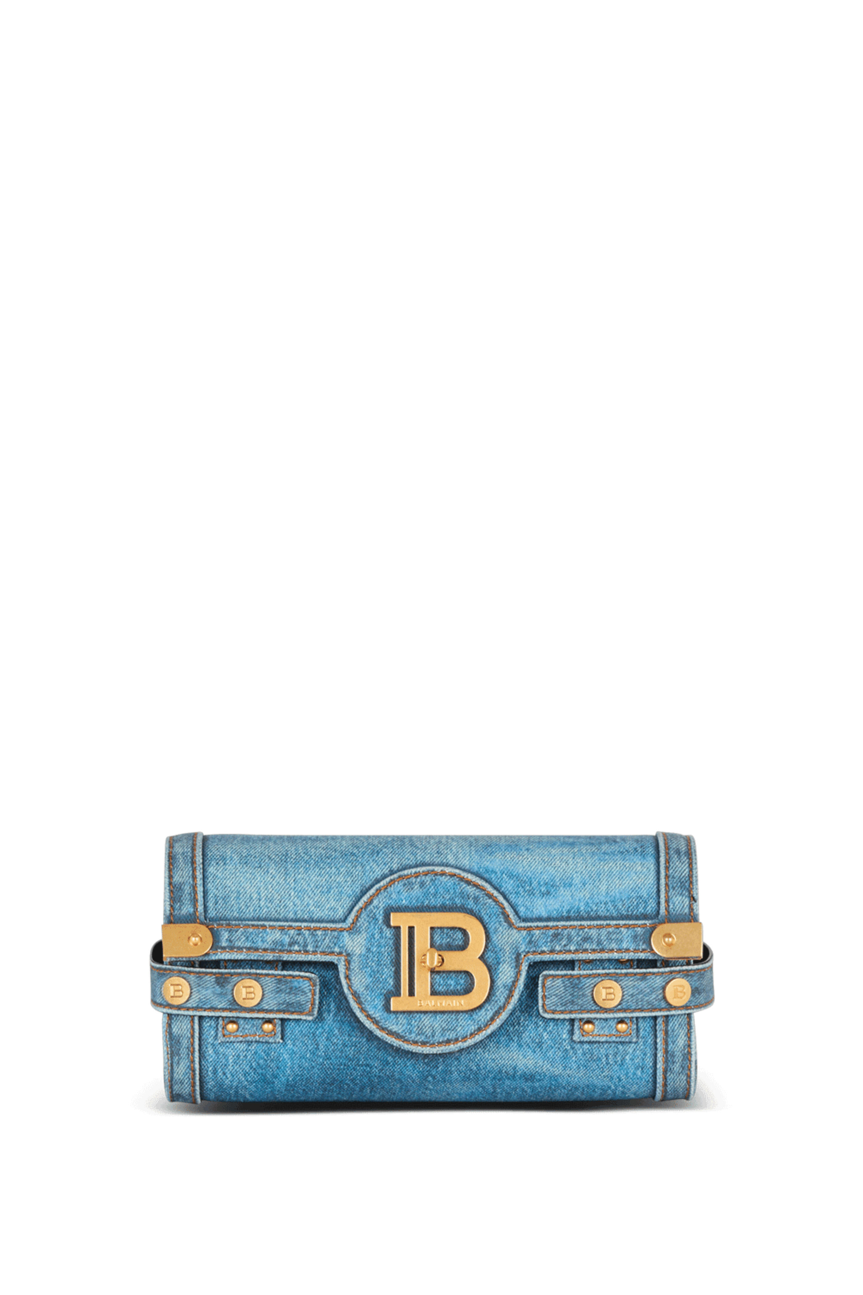 Balmain - Small B-Buzz Pouch 23 Denim Clutch in Blue Jean