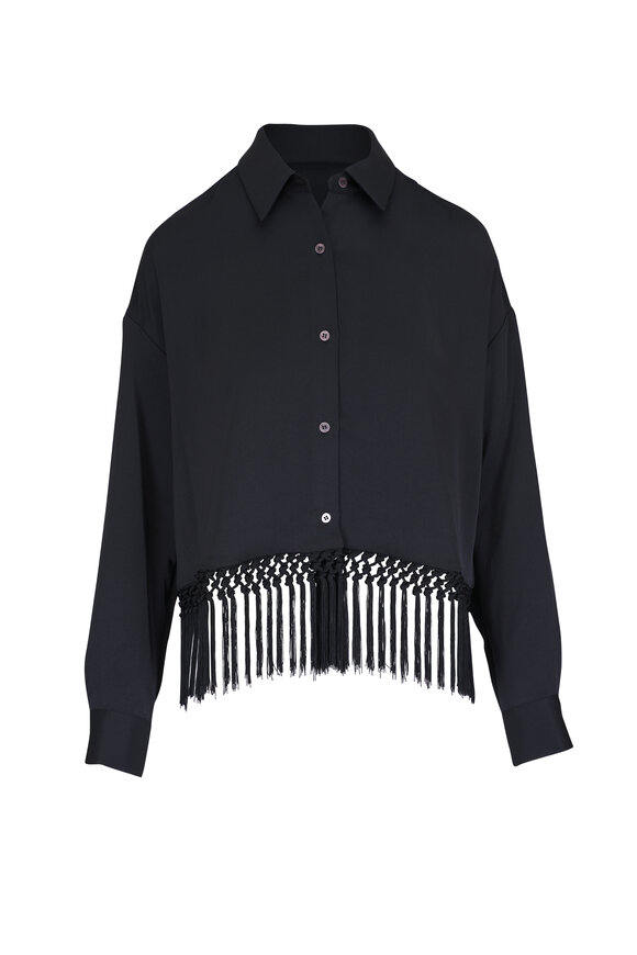 Lela Rose Black Crop Fringe Button Down Shirt