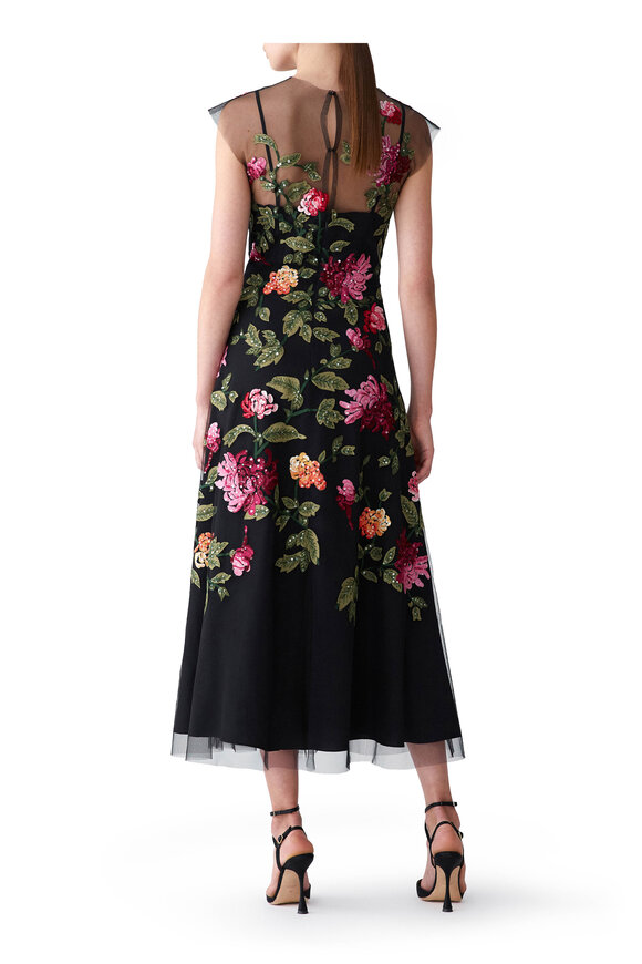 Carolina Herrera Black Multi Floral Embroidered Tulle Midi Dress - view 3