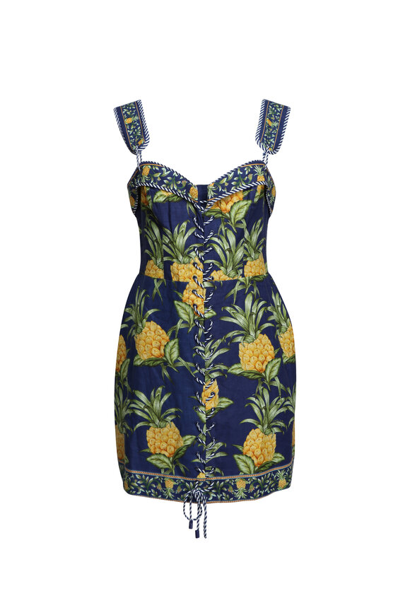 Farm Rio Delicate Pineapple Navy Blue Lacing Mini Dress