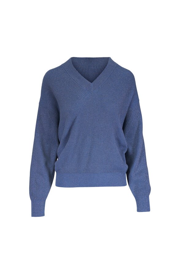 Brunello Cucinelli Light Blue Lurex V-Neck Sweater - view 1