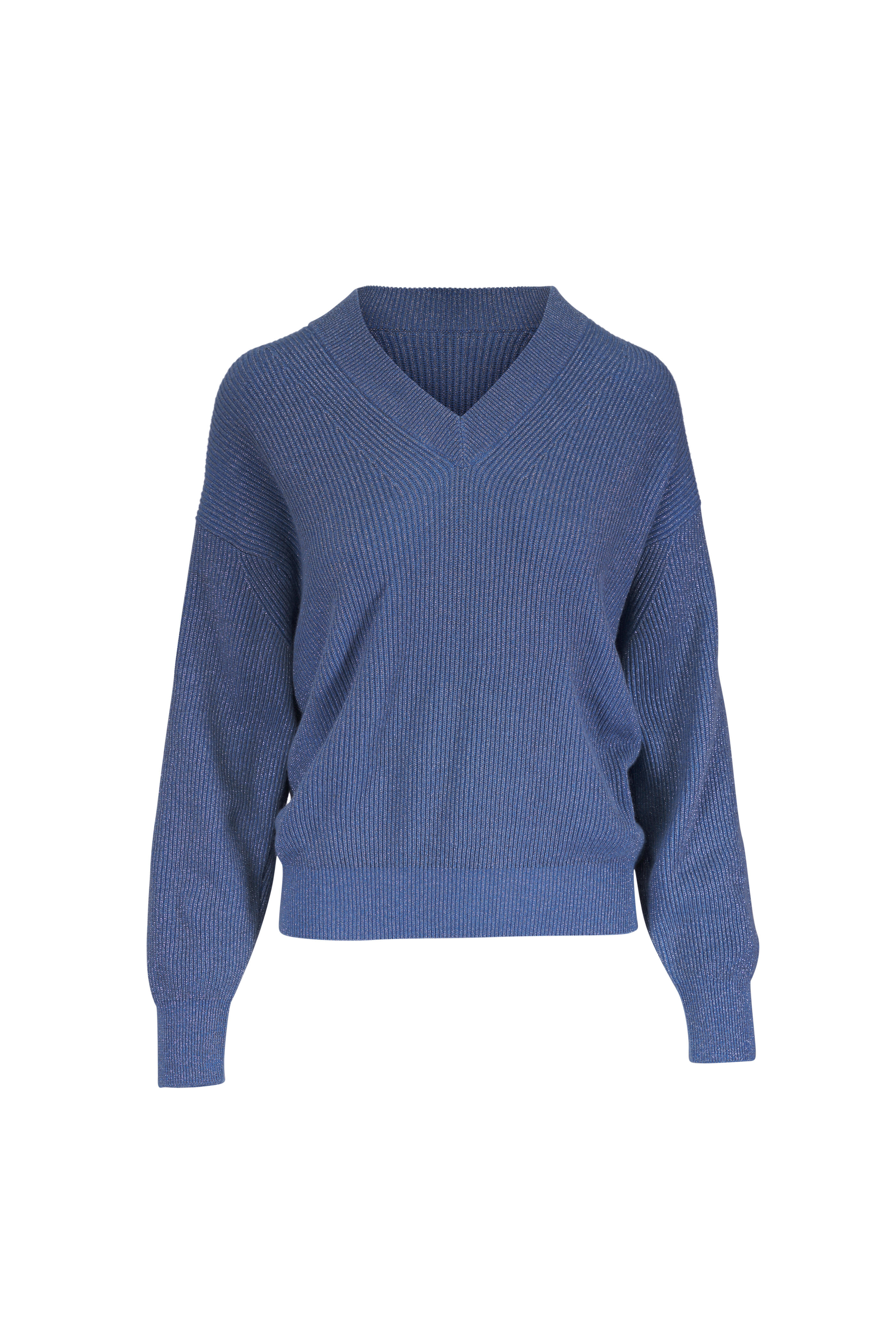 Brunello Cucinelli - Light Blue Lurex V-Neck Sweater - view 1