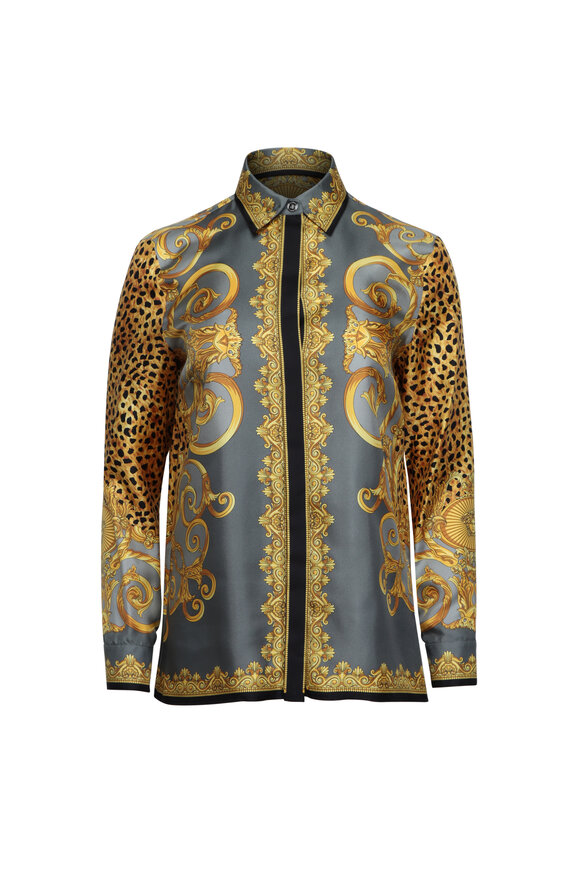 Versace Gray Animal Print Button Up Shirt