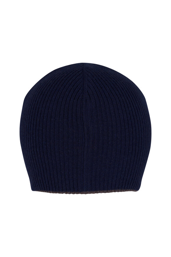 Brunello Cucinelli Navy & Brown Cashmere Reversible Beanie - view 1