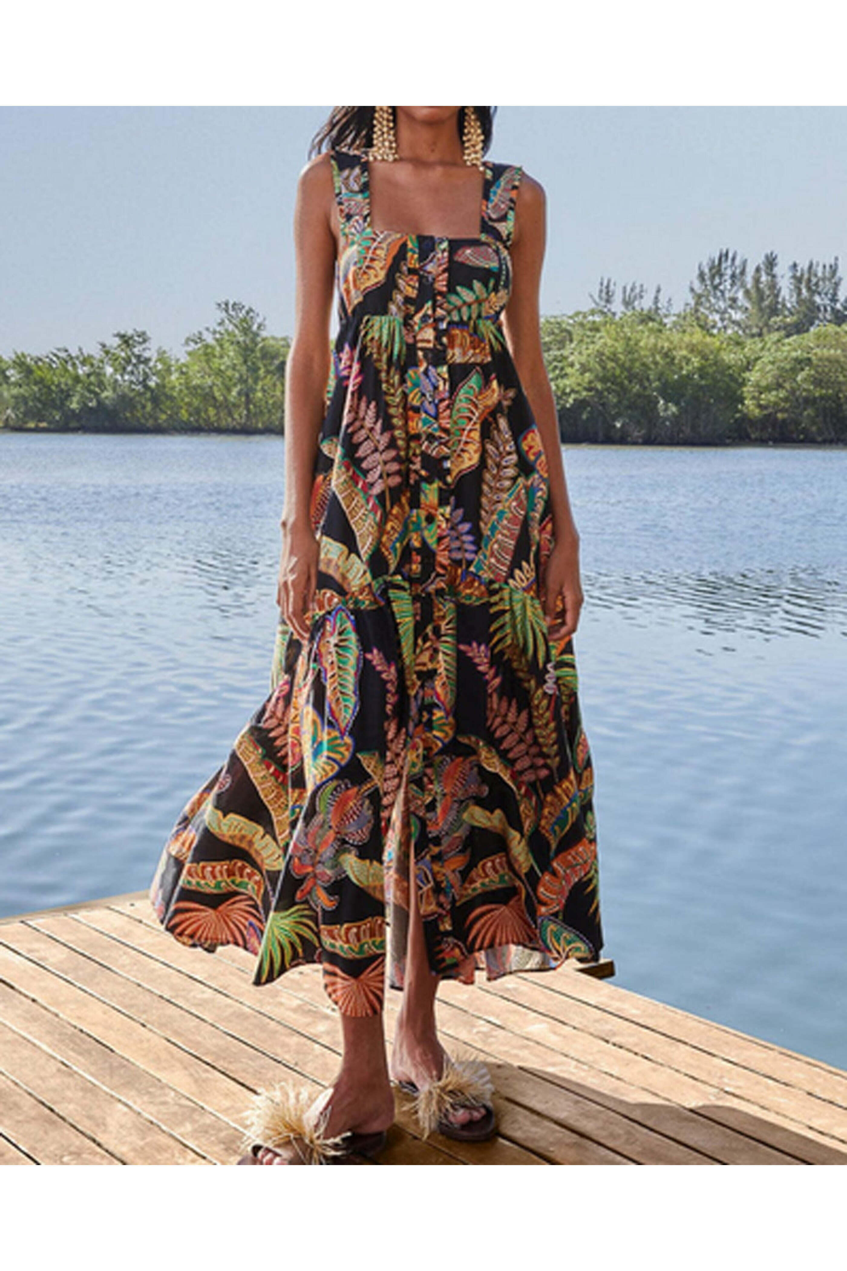 Farm Rio - Black Foliage Sleeveless Maxi Dress