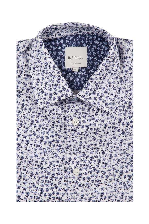 Paul Smith Blue & White Floral Print Cotton Dress Shirt - view 1