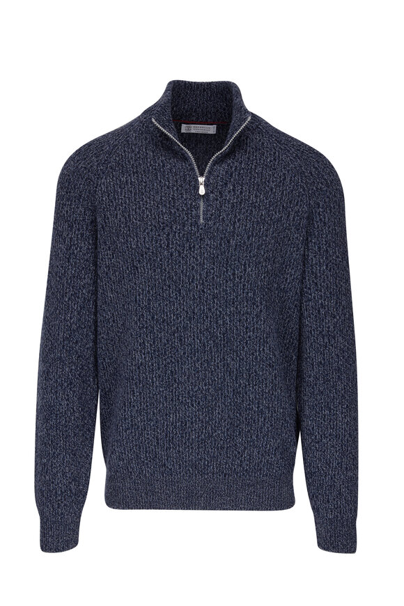 Brunello Cucinelli - Blue Mélange Ribbed Cashmere Quarter Zip Pullover