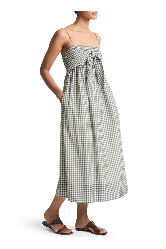 Vince Off White & Gray Gingham Tie Smocked Dress - view 4
