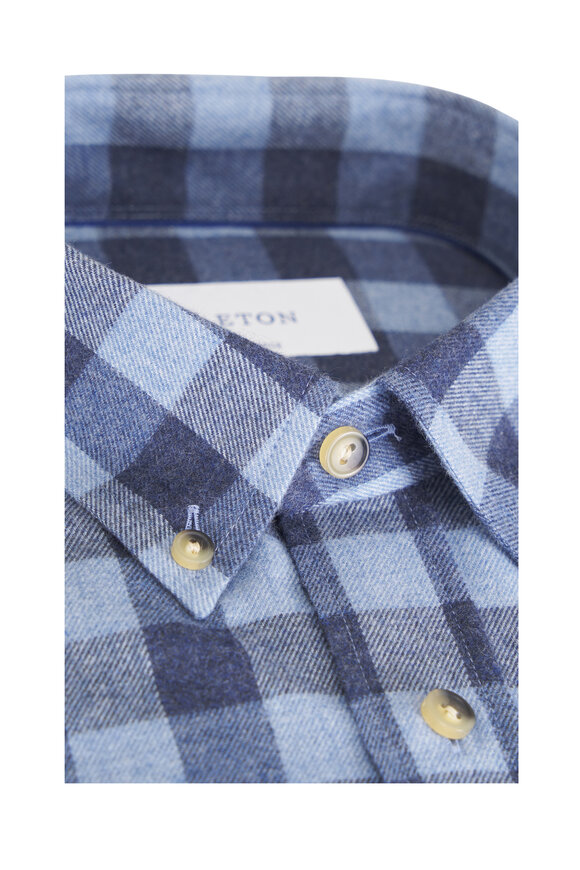 Eton Blue Plaid Cotton Flannel Dress Shirt - view 4