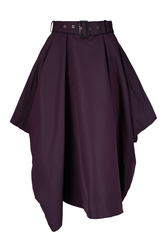 McQueen Eggplant Draped Faille Belted Midi Skirt 