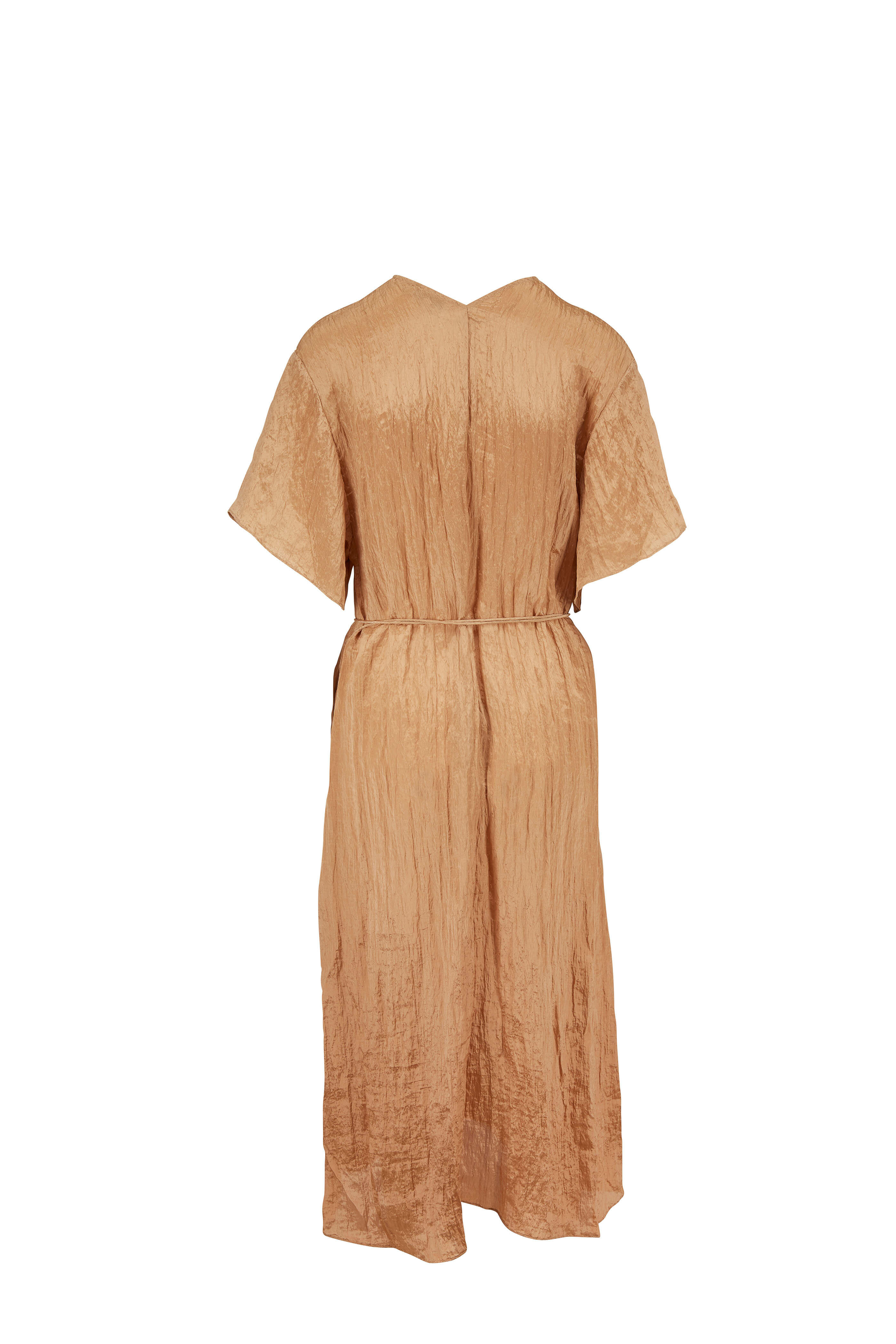 khaki short sleeve dress Khaki Short Sleeve Dress - V-Neck Midi Dress - Dress With Pockets