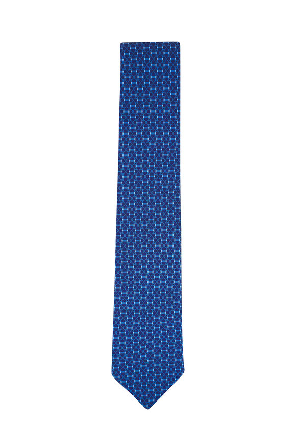 Ferragamo Navy Geometric Print Silk Necktie 