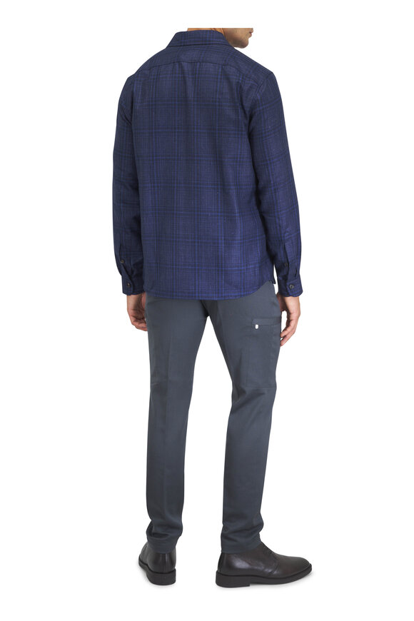 Isaia Navy Blue Plaid Wool, Cashmere & Silk Overshirt - view 4