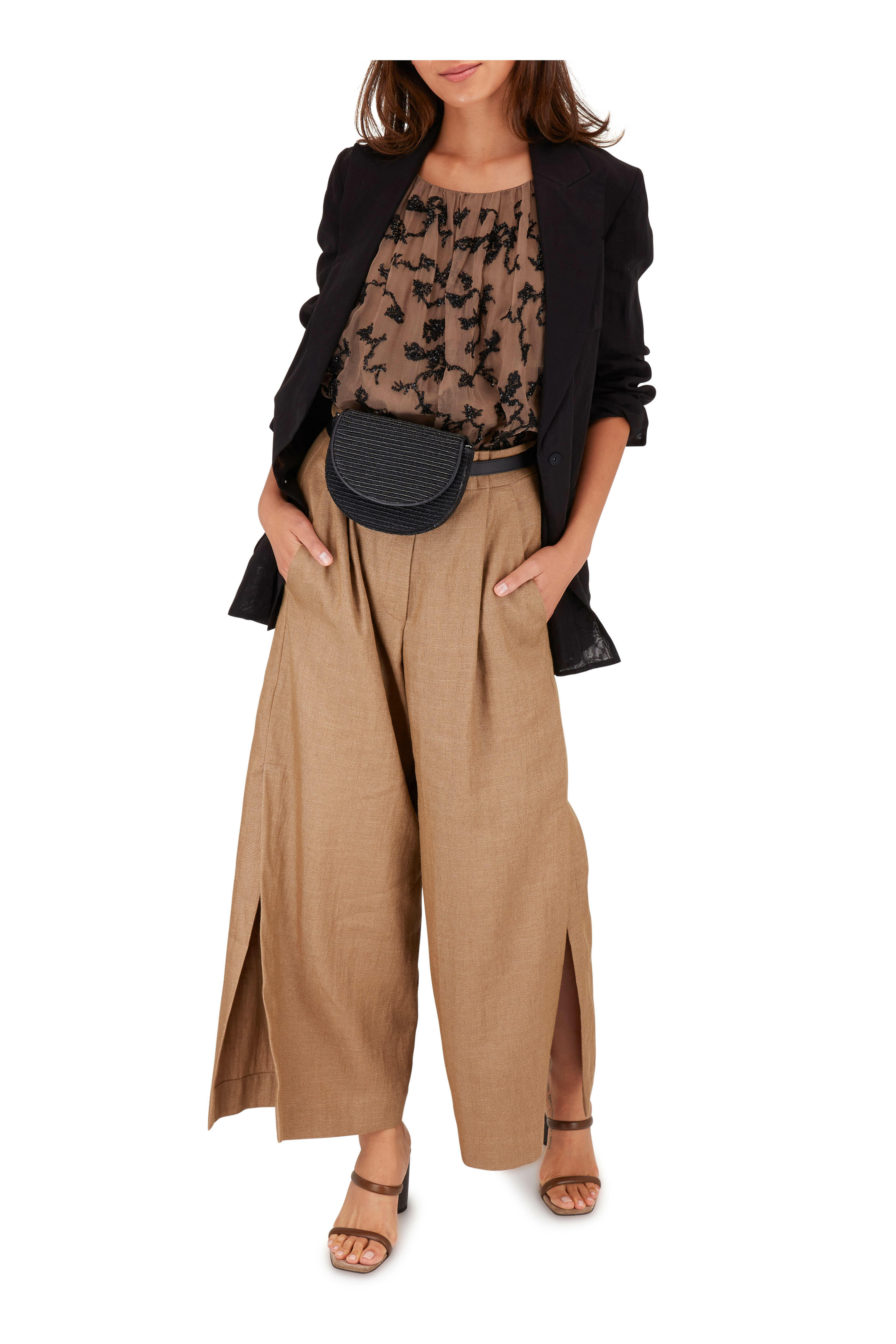 Brunello Cucinelli - Brown Raffia Linen Wide Leg Split Cuff Pant