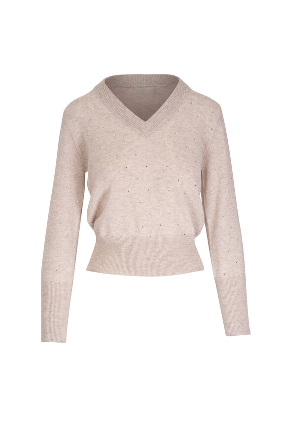 Kinross - Mushroom Cashmere Crystal V-Neck Sweater