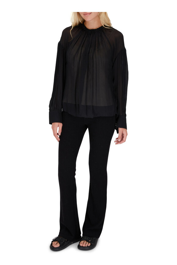 Vince - Black Shirred Neck Silk Blouse