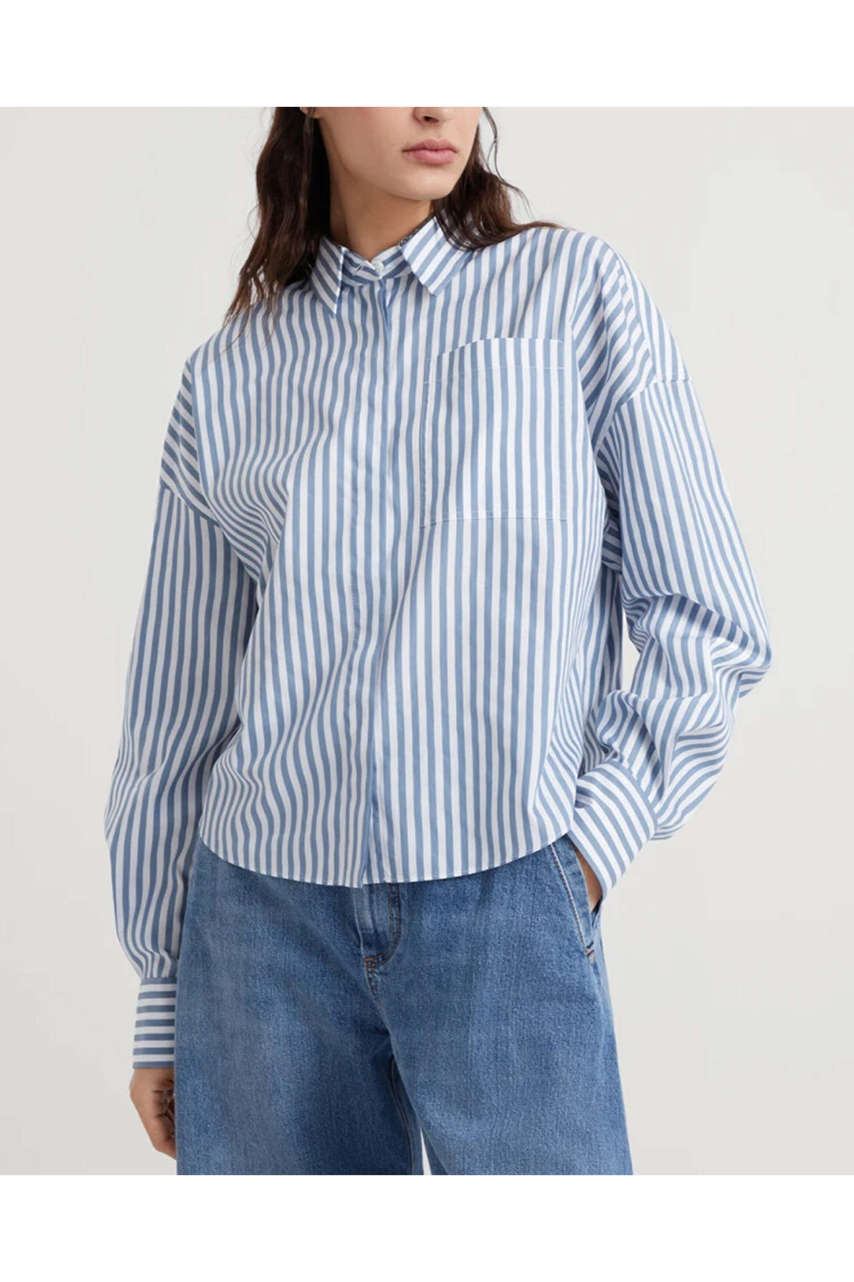 Brunello Cucinelli - Light Blue and White Stripe Silk Blouse