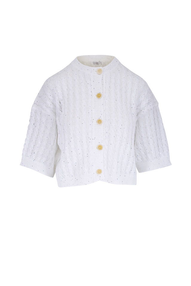 Brunello Cucinelli - White Linen & Silk Paillette Crop Snap Cardigan