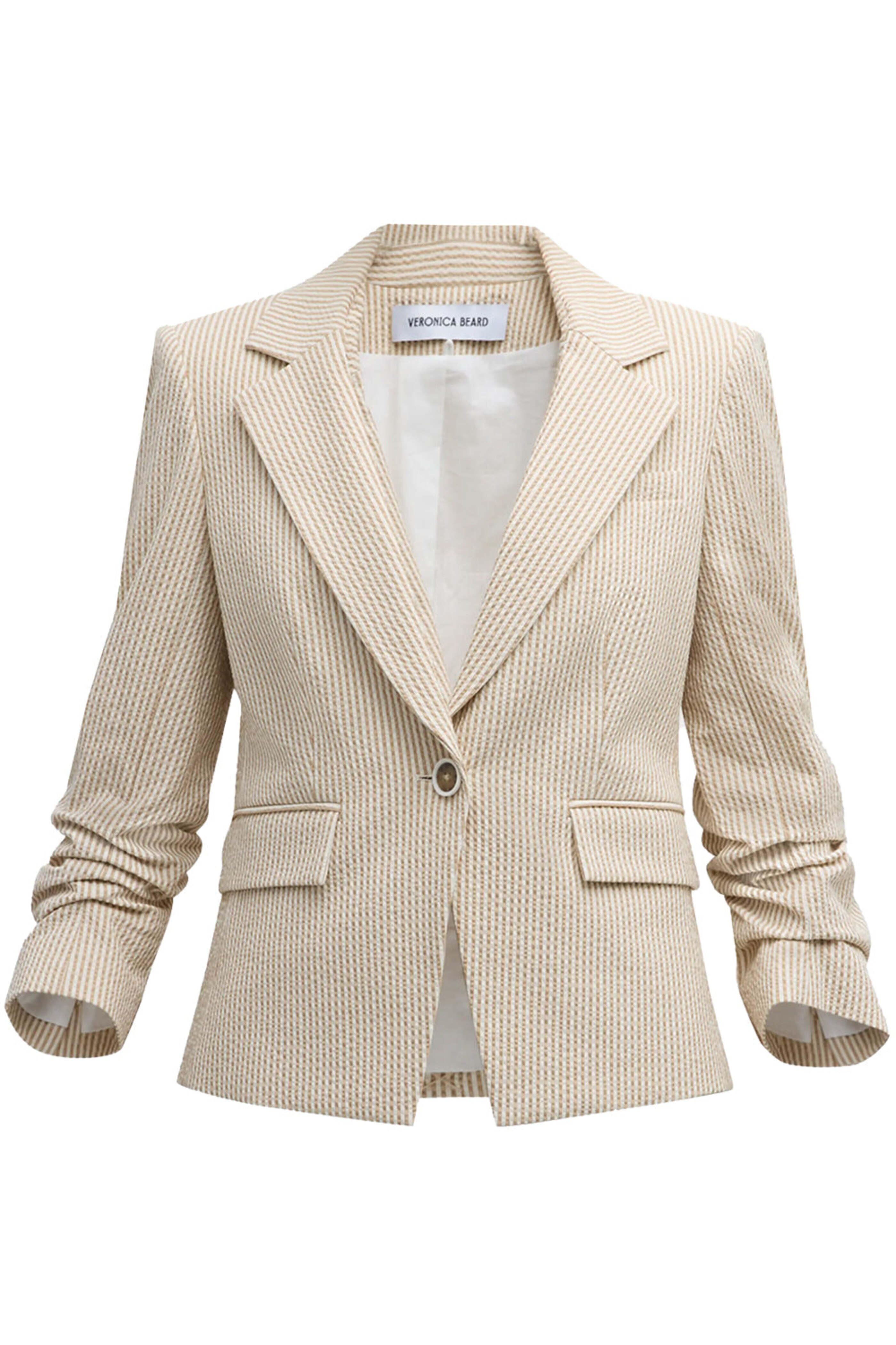Veronica Beard - White and Khaki Seersucker Aaliyah Dickey Jacket