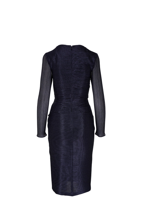 Talbot Runhof - Navy Metallic Long Sleeve Ruched Cocktail Dress