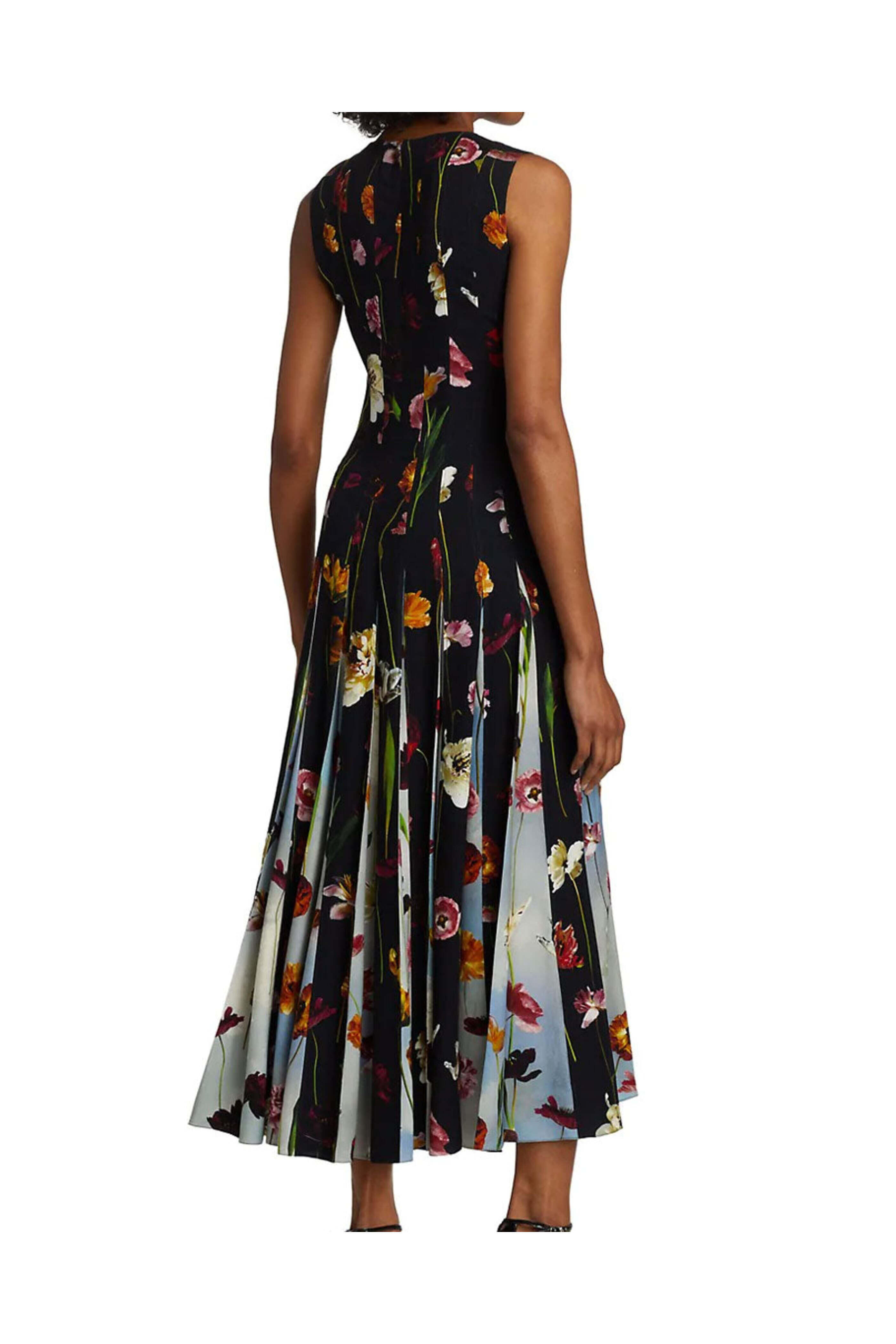 Oscar de la Renta - Navy Floral Sleeveless Inset Midi Dress